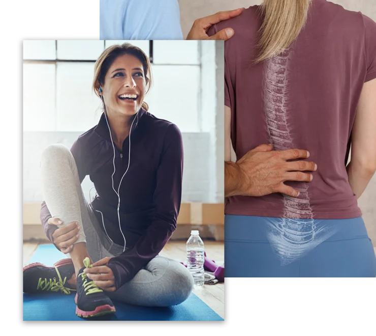 Photo collage of a woman stretching before exercise and a chiropractor examining a patient's back with a spine overlay.