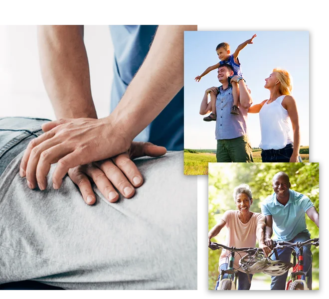 Collage of a chiropractic back adjustment, a family outdoors, and an older couple enjoying a bike ride.
